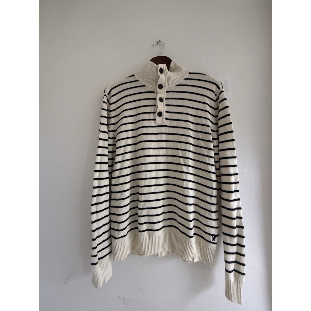 American Eagle Men M Striped Mock Neck Sweater Cotton Button Pullover Nautical